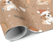Papier Cadeau Jouer mignon chien et flocons de neige beige Noël (Coin rond)