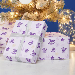 Papier Cadeau Jouets de Noël violet Vintage Motif