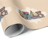 Papier Cadeau Jouets en bois avec train, voilier et ours en pelu (Coin rond)