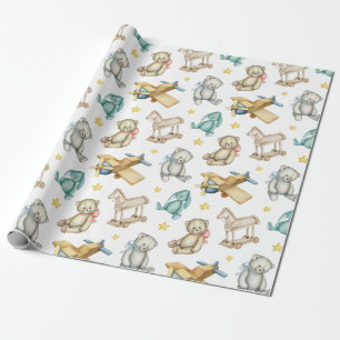 Papier Cadeau Jouets vintages Teddy Bear Plane Rabbit Horse Star