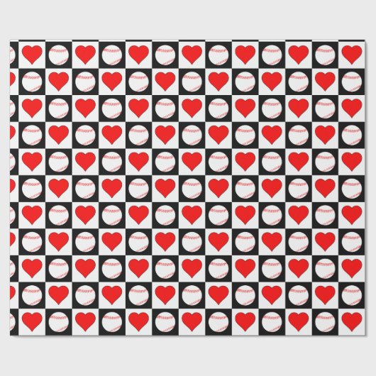 Papier Cadeau Joueur de baseball Red Heart Checker Motif (Plat)