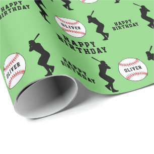 Papier Cadeau Joueur de baseball vert enfant nom anniversaire