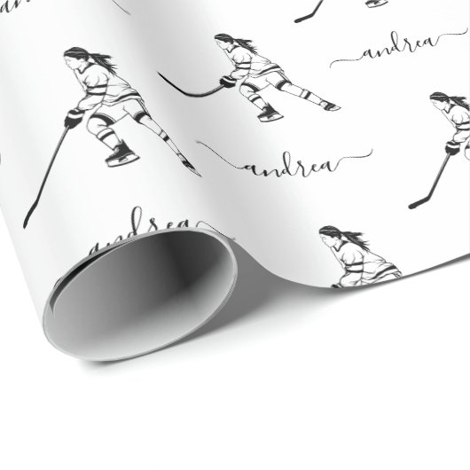 Papier Cadeau Joueuse de l'équipe de hockey sur glace Nom de la (Coin rond)