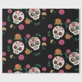 Papier Cadeau Jour des Morts crânes et fleurs de sucre Noir (Plat)