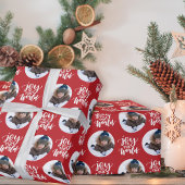 Papier Cadeau Joy to the World Calligraphy Round Photo Rouge