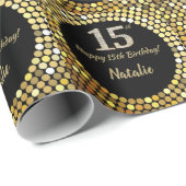 Papier Cadeau Joyeuse 15e anniversaire Parties scintillant noire (Coin rond)