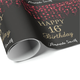 Papier Cadeau Joyeuse 16e anniversaire Parties scintillant rouge