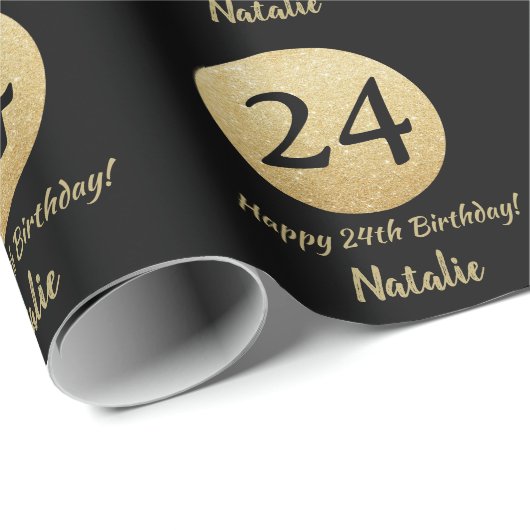 Papier Cadeau Joyeuse 24e anniversaire Parties scintillant Noir  (Coin rond)