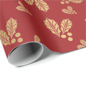 Papier Cadeau Joyeuse Aquarelle de Noël Or Holly Feuille Rouge (Coin rond)