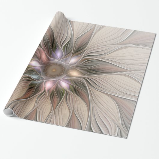 Papier Cadeau Joyeuse Fleur Abstrait Beige Brown Floral Fractal (Déroulé)