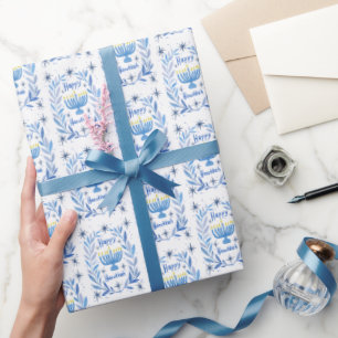 Papier Cadeau Joyeuse Hanoucca Menorah Botanique Aquarelle