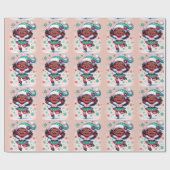 Papier Cadeau Joyeuse petite fille noire elfe de Noël (Plat)