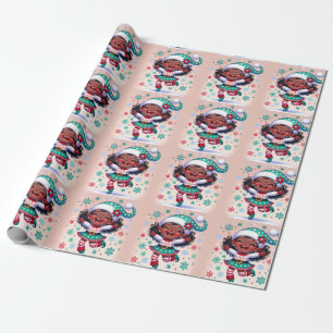 Papier Cadeau Joyeuse petite fille noire elfe de Noël