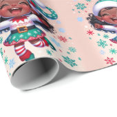 Papier Cadeau Joyeuse petite fille noire elfe de Noël (Coin rond)