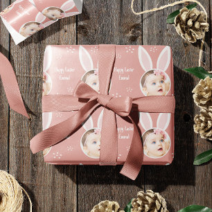 Papier Cadeau Joyeuse photo Pâques enfant avec Bunny Ears Rose r
