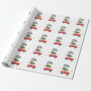 Papier Cadeau Joyeuse voiture rouge de Noël avec sapin de Noël  