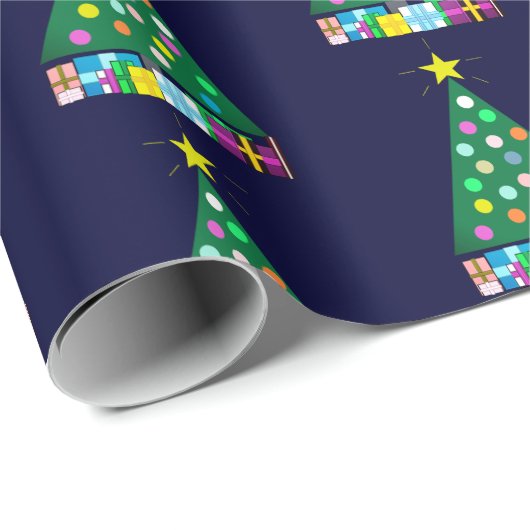 Papier Cadeau Joyeuses fêtes Arbre de Noël vert : Bleu foncé (Coin rond)