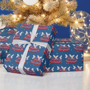 Papier Cadeau Joyeuses Fêtes avec Colombes Blanches et Flocons d