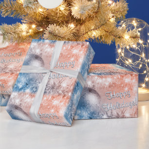 Papier Cadeau Joyeuses fêtes Bleu clair et Noël corail