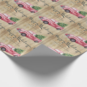 Papier Cadeau Joyeuses Fêtes Camion de Noël Rouge Vintage Rustiq