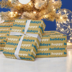 Papier Cadeau Joyeuses Fêtes Motif de texte bleu et or mignon