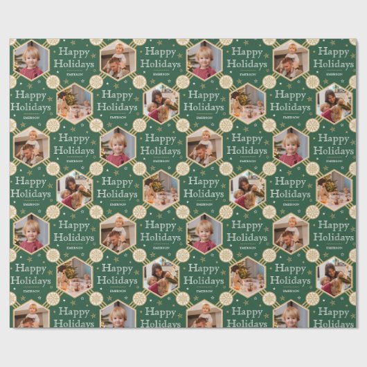 Papier Cadeau Joyeuses fêtes Noël Flocon de neige photo vert (Plat)