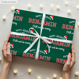 Papier Cadeau Joyeuses Fêtes Nom Noël Chapeau de Père Noël Vert