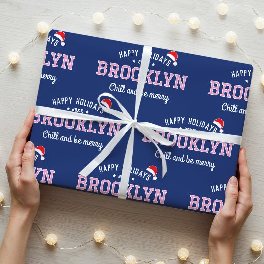 Papier Cadeau Joyeuses fêtes Nom Noël Santa Hat Pink Navy