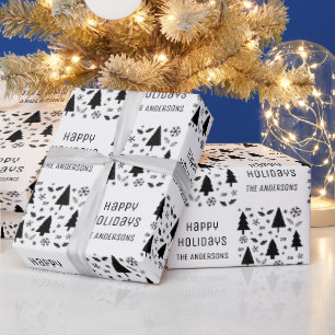 Papier Cadeau Joyeuses Fêtes Nom Personnalisé Noël Noir Blanc