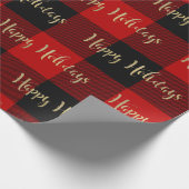Papier Cadeau Joyeuses Fêtes Or Script Plaid Rouge de Buffalo (Coin)