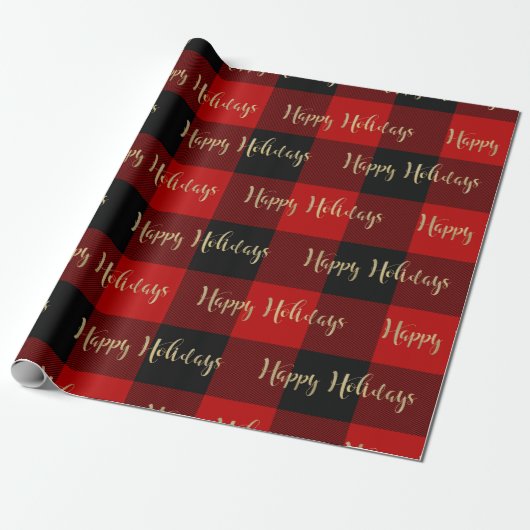 Papier Cadeau Joyeuses Fêtes Or Script Rouge Plaid Buffle (Déroulé)