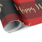 Papier Cadeau Joyeuses Fêtes Or Script Rouge Plaid Buffle (Coin rond)
