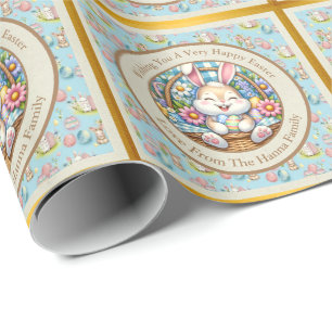 Papier Cadeau Joyeuses Pâques avec un lapin mignon, des œufs et