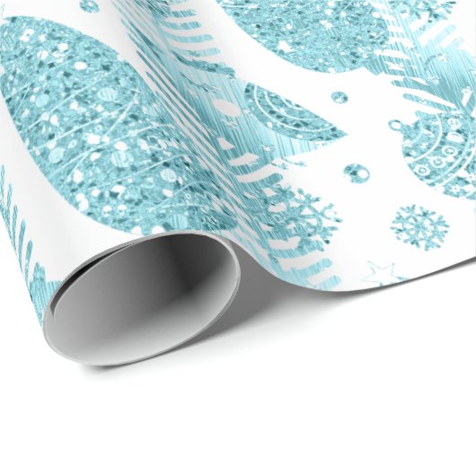 Papier Cadeau Joyeuses vacances Aqua Parties scintillant blanche (Coin rond)