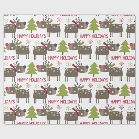 Papier Cadeau Joyeuses vacances avec rennes et flocons de neige (Plat)