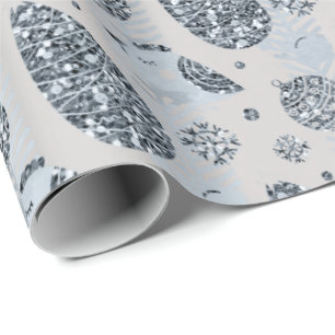 Papier Cadeau Joyeuses Vacances Bleu Parties scintillant Argent 