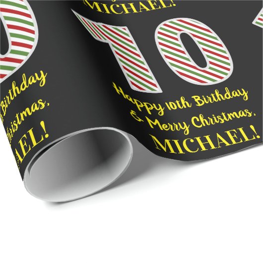 Papier Cadeau Joyeux 10e anniversaire & Joyeux Noël, Nom personn (Coin rond)
