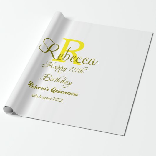 Papier Cadeau Joyeux 15e anniversaire jaune ajouter nom monogram (Déroulé)