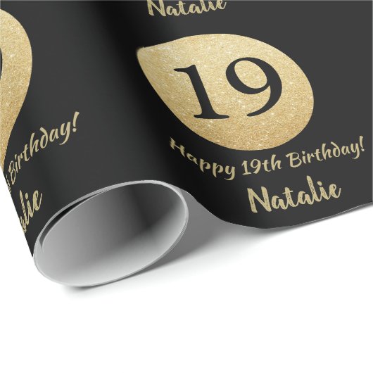Papier Cadeau Joyeux 19e anniversaire Parties scintillant Noir e (Coin rond)