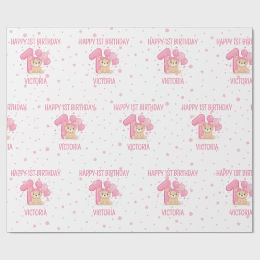 Papier Cadeau Joyeux 1er anniversaire mignonne petite fille d'ou (Plat)