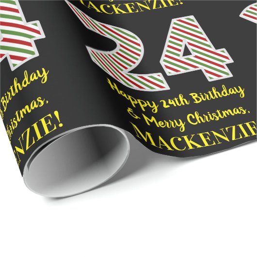 Papier Cadeau Joyeux 24e anniversaire & Joyeux Noël, Nom personn (Coin rond)