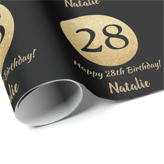 Papier Cadeau Joyeux 28e anniversaire Parties scintillant Noir e (Coin rond)