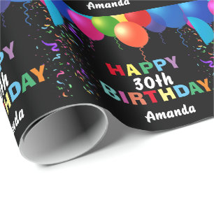 Papier Cadeau Joyeux 30e anniversaire ballons colorés Noir