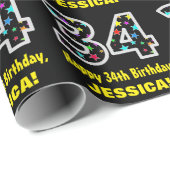 Papier Cadeau Joyeux 34e anniversaire, Fun Colorful Stars Motif (Coin rond)