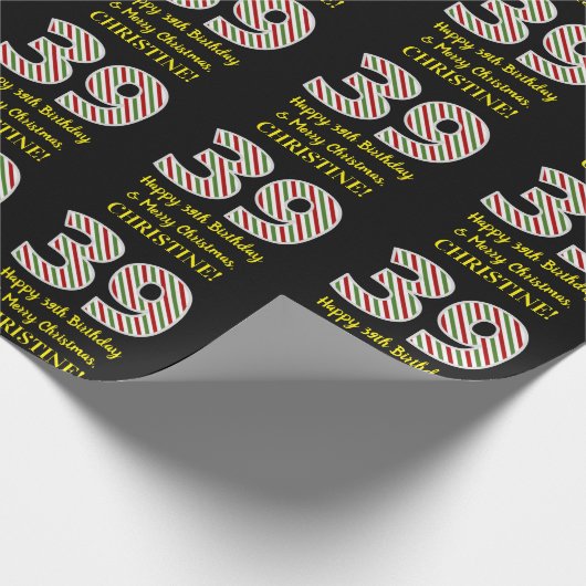 Papier Cadeau Joyeux 39e anniversaire & Joyeux Noël, Nom personn (Coin)