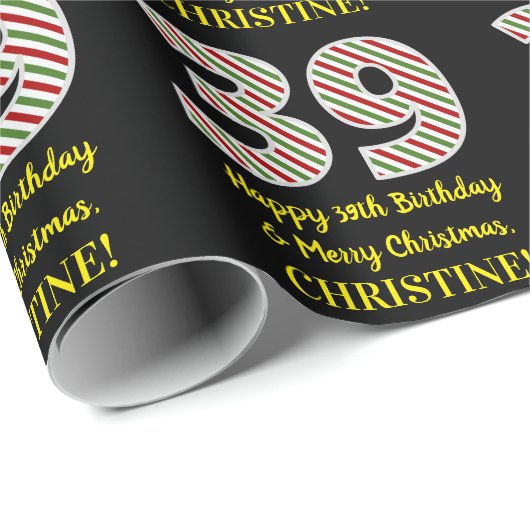 Papier Cadeau Joyeux 39e anniversaire & Joyeux Noël, Nom personn (Coin rond)