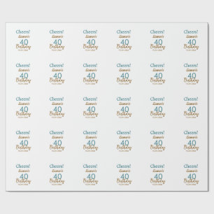 Papier Cadeau Joyeux 40e anniversaire nom date marron turquoise