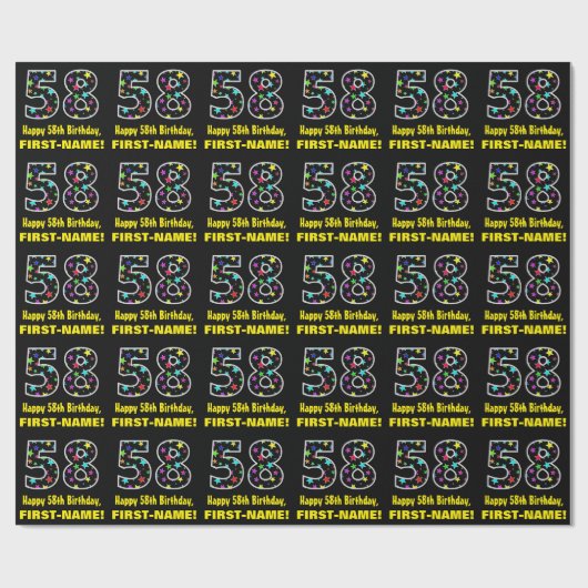 Papier Cadeau Joyeux 58e anniversaire, Fun Colorful Stars Motif  (Plat)