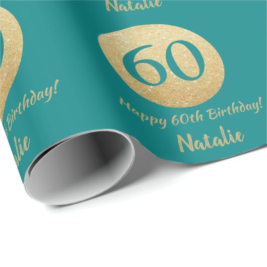 Papier Cadeau Joyeux 60e anniversaire Turquoise et Parties scint (Coin rond)