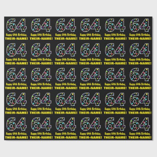 Papier Cadeau Joyeux 64e anniversaire, Fun Colorful Stars Motif  (Plat)